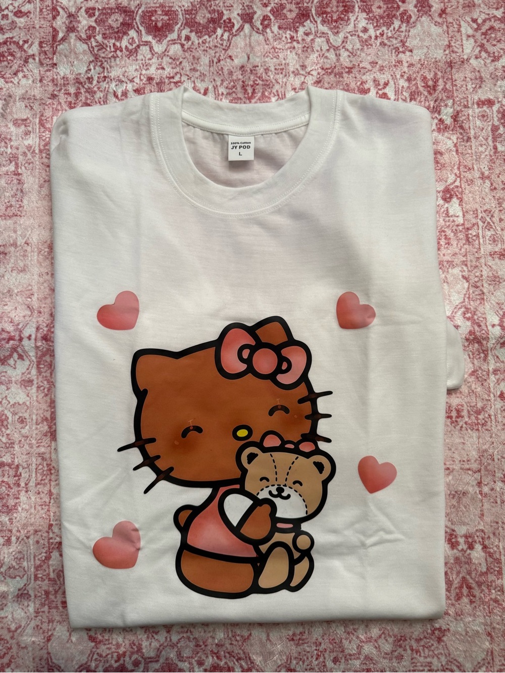 Cute Kitty & Teddy Graphic Tee - White/Pink